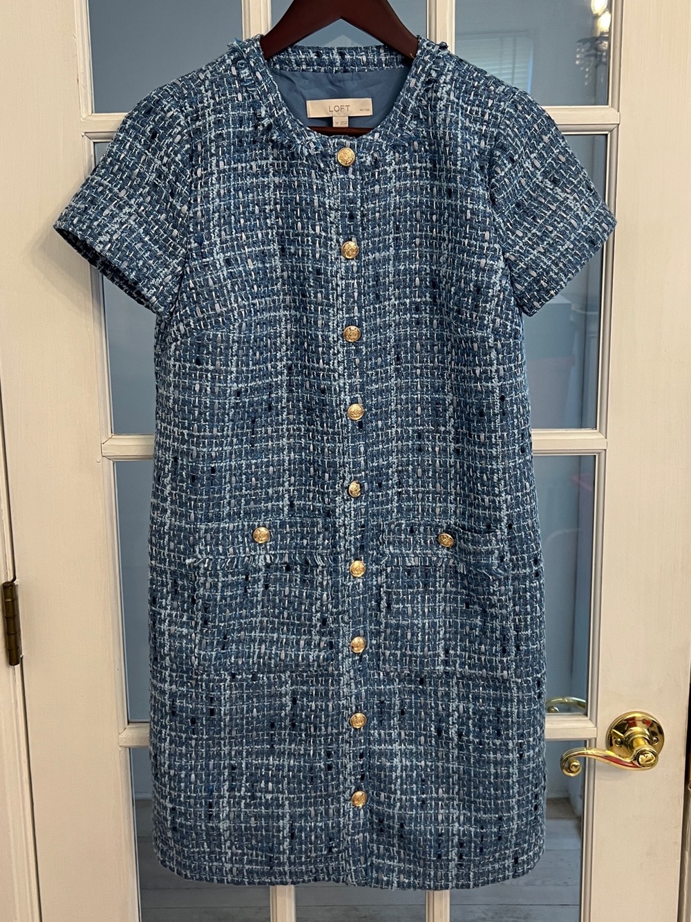 LOFT Women’s Blue Tweed Boucle Gold Button Short Sleeve Shift Dress 4P